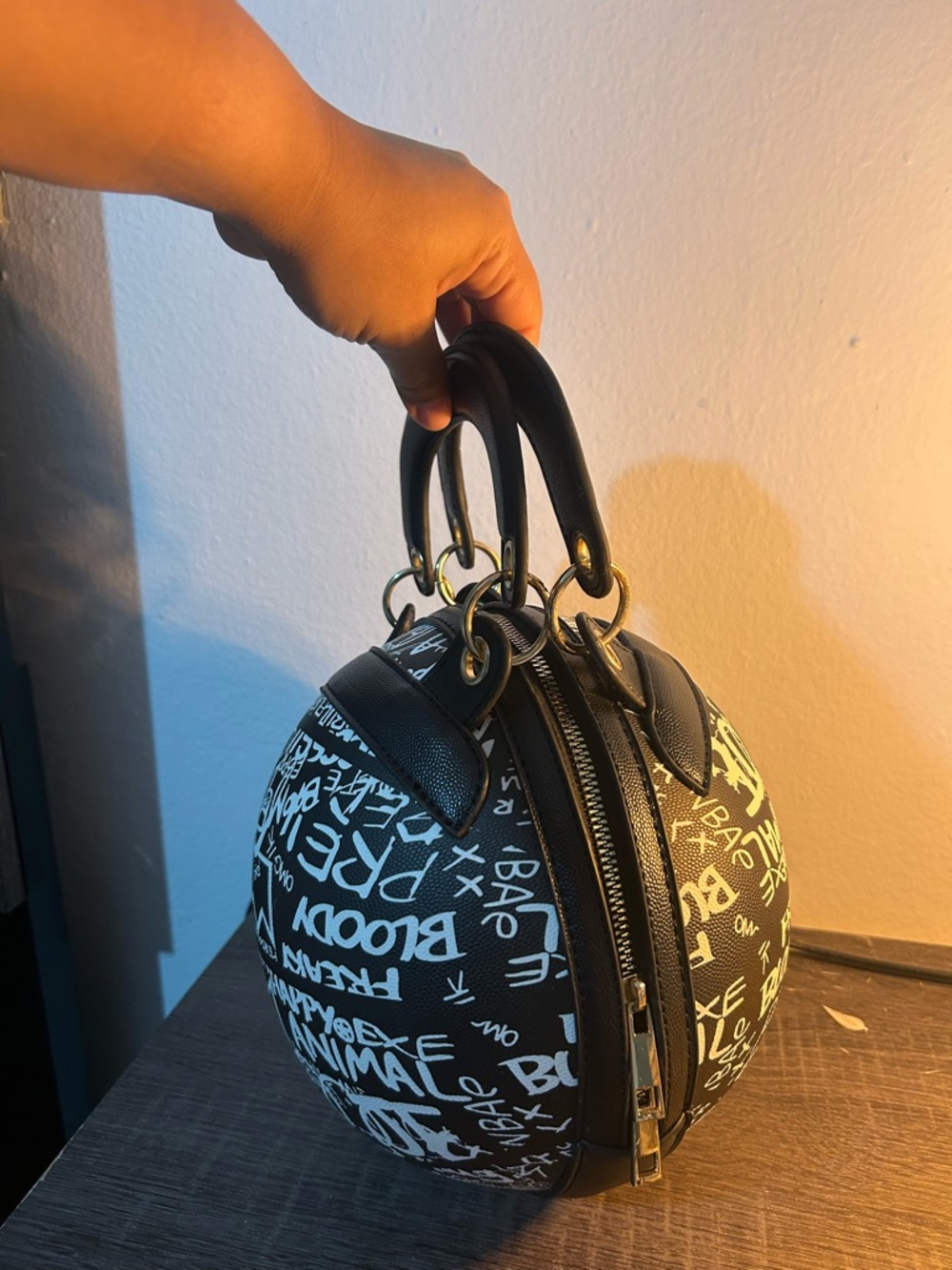 Black Graffiti Print Round Handbag
